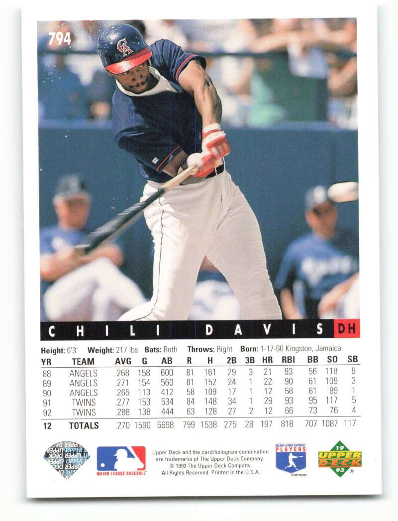 Chili Davis in dark jersey swinging bat for California Angels Upper Deck baseball card