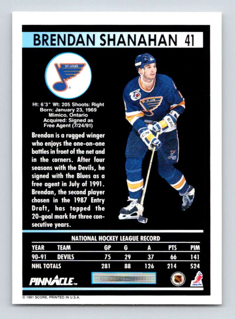 Hockey trading card of Brendan Shanahan in St. Louis Blues uniform 1991-92 Pinnacle