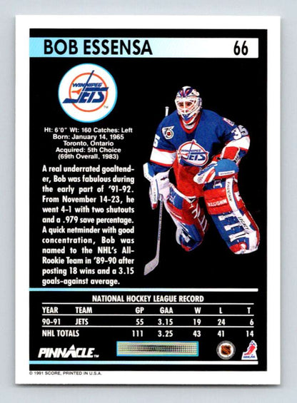 1991-92 Pinnacle #66 Bob Essensa NM-MT Winnipeg Jets Hockey Card Image 2