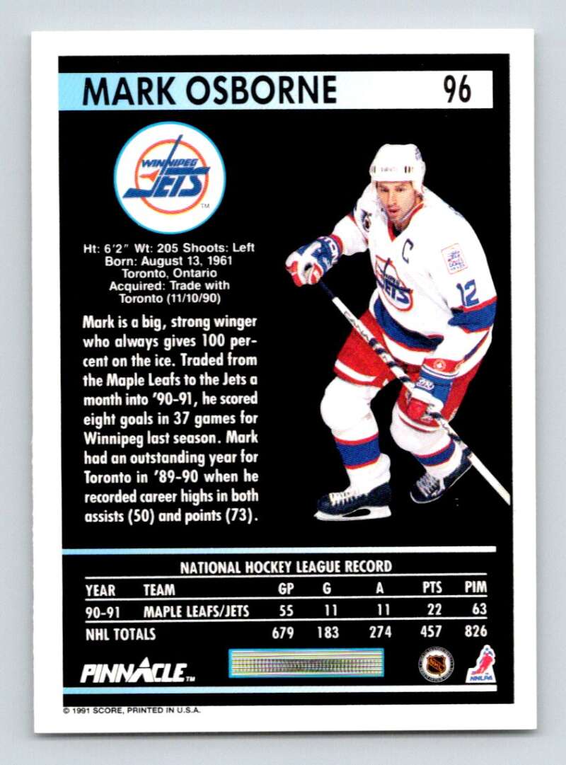 1991-92 Pinnacle #96 Mark Osborne NM-MT Winnipeg Jets Hockey Card Image 2