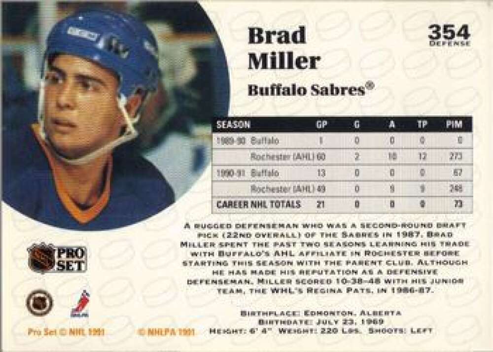 1991-92 Pro Set #354 Brad Miller NM-MT Buffalo Sabres Hockey Card Image 2