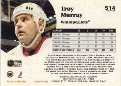 1991-92 Pro Set #514 Troy Murray NM-MT Winnipeg Jets Hockey Card Image 2