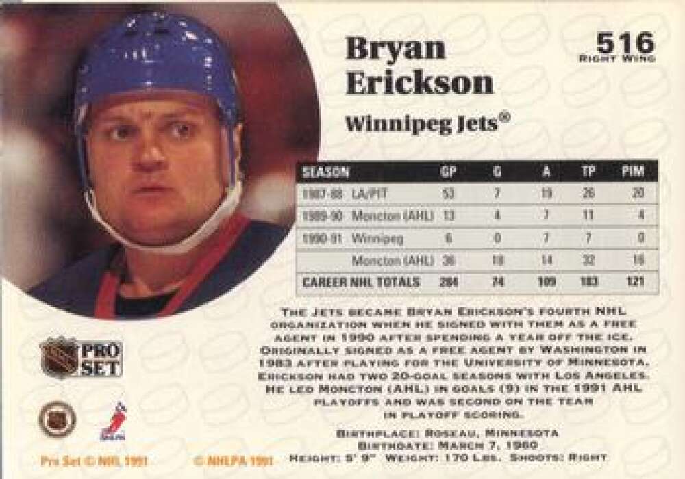 1991-92 Pro Set #516 Bryan Erickson NM-MT Winnipeg Jets Hockey Card Image 2