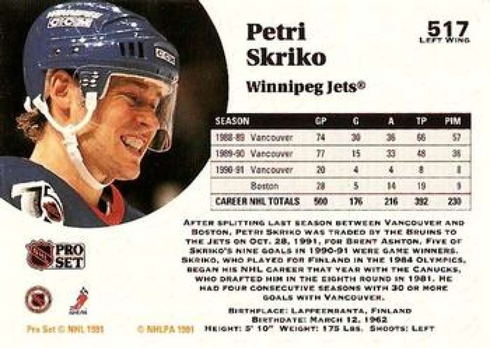 1991-92 Pro Set #517 Petri Skriko NM-MT Winnipeg Jets Hockey Card Image 2