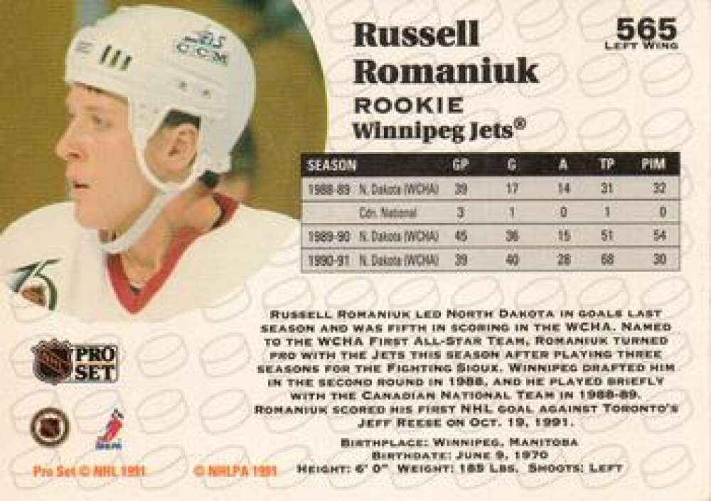 1991-92 Pro Set #565 Russ Romaniuk NM-MT RC Rookie Winnipeg Jets Hockey Card Image 2