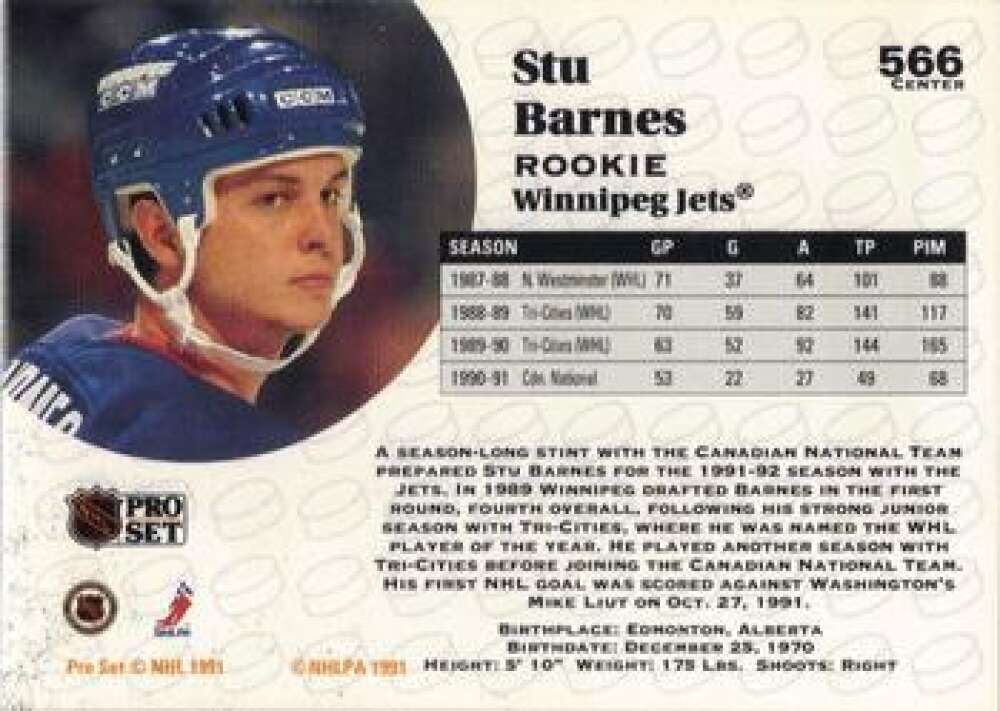 1991-92 Pro Set #566 Stu Barnes NM-MT Winnipeg Jets Hockey Card Image 2