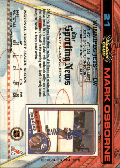 1991-92 Topps Stadium Club #21 Mark Osborne NM-MT Winnipeg Jets Hockey Card Image 2