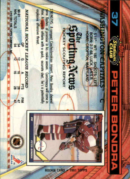 1991-92 Topps Stadium Club Peter Bondra Hockey Card featuring Washington Capitals design