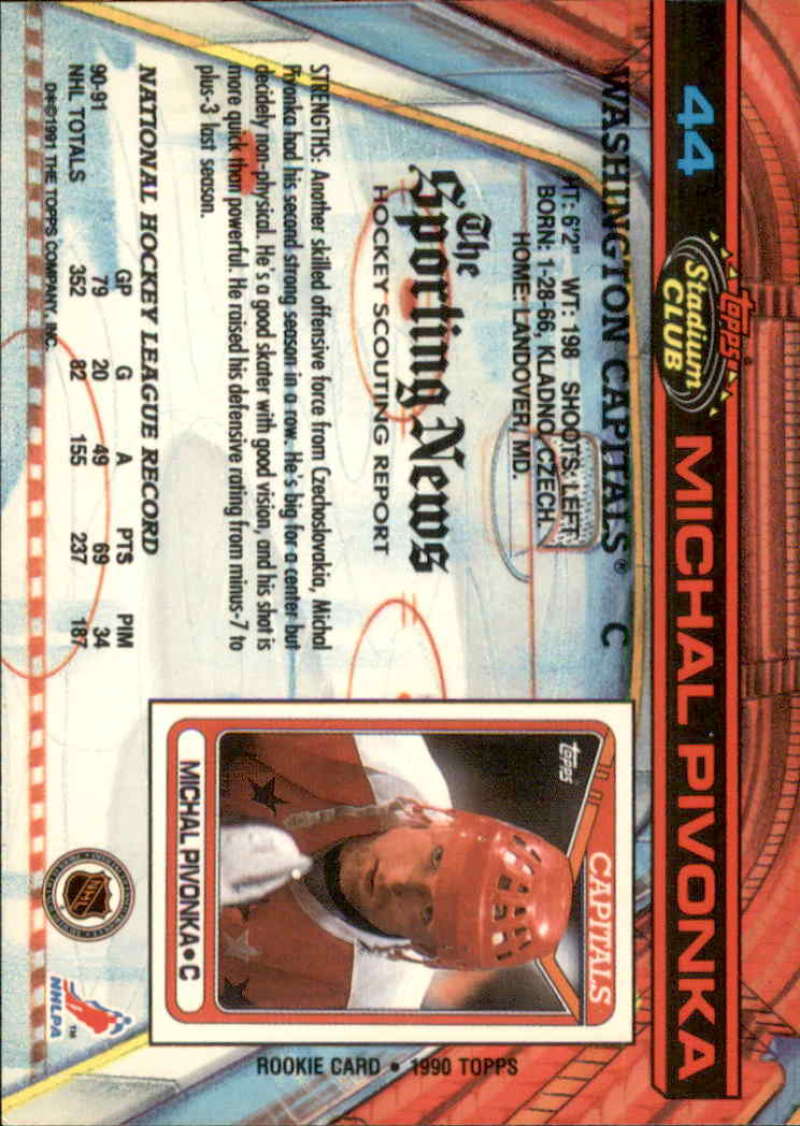 1991-92 Topps Stadium Club Michal Pivonka Washington Capitals hockey card in red uniform