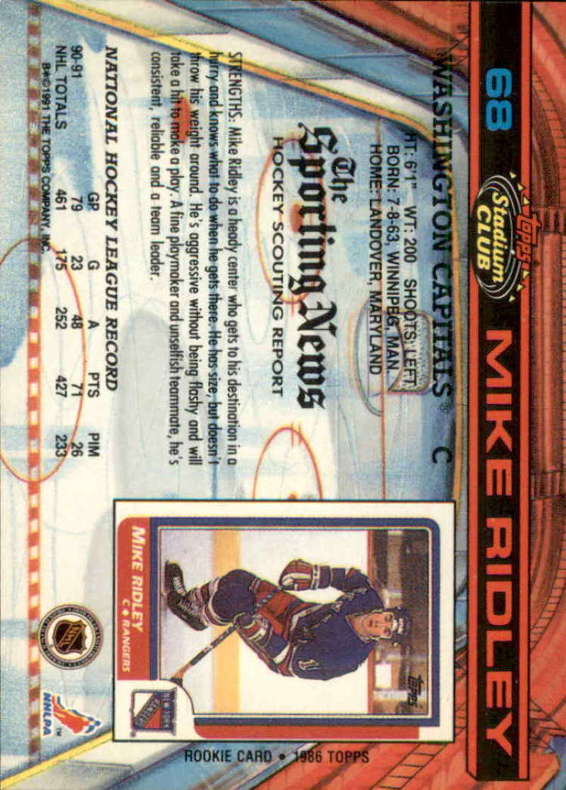 Back side of 1991-92 Topps Stadium Club Mike Ridley hockey card for Washington Capitals