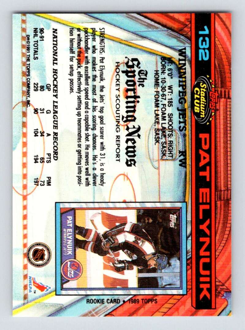 1991-92 Topps Stadium Club #132 Pat Elynuik NM-MT Winnipeg Jets Hockey Card Image 2