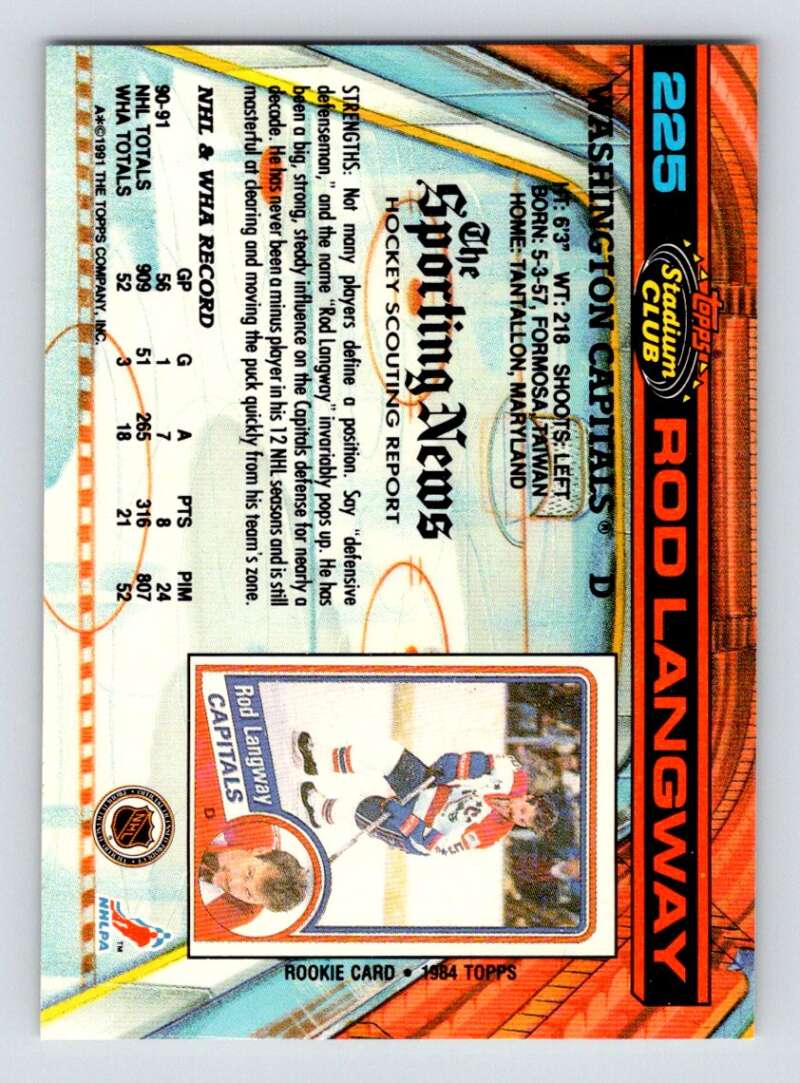 1991-92 Topps Stadium Club Rod Langway Hockey Card with orange and blue design elements