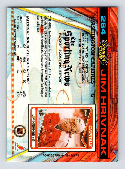 1991-92 Topps Stadium Club Jim Hrivnak Washington Capitals Hockey Card with orange and blue design