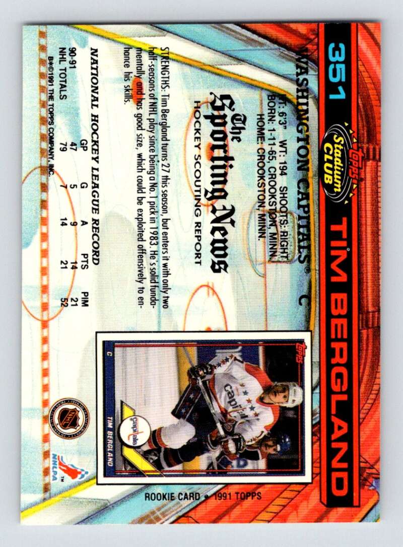 Tim Bergland 1991-92 Topps Stadium Club hockey card with colorful holographic design