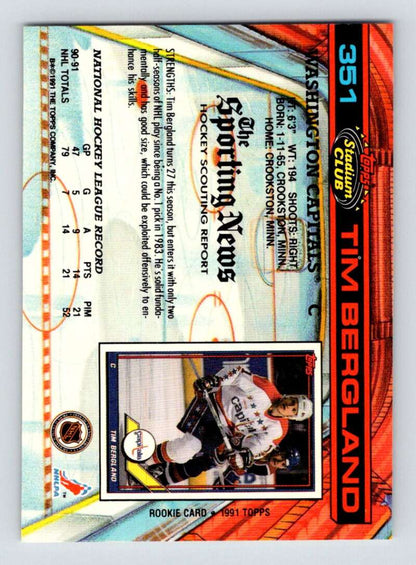 Tim Bergland 1991-92 Topps Stadium Club hockey card with colorful holographic design