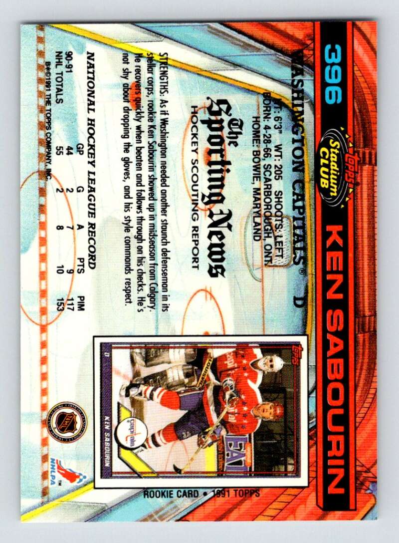 Ken Sabourin hockey card in red Washington Capitals jersey, 1991-92 Topps Stadium Club