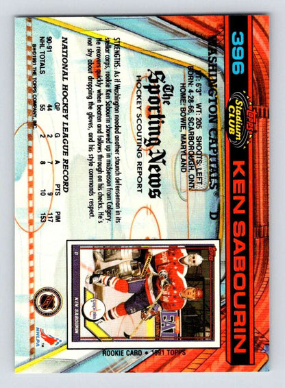 Ken Sabourin hockey card in red Washington Capitals jersey, 1991-92 Topps Stadium Club