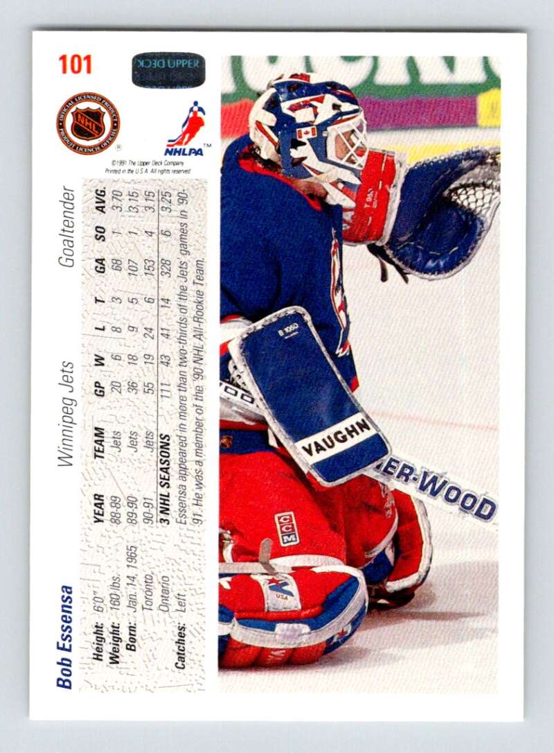 1991-92 Upper Deck #101 Bob Essensa NM-MT Winnipeg Jets Hockey Card Image 2