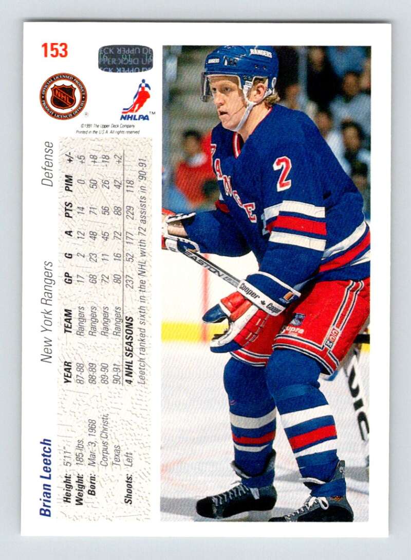 Hockey card of Brian Leetch in New York Rangers jersey number 2, 1991-92 Upper Deck