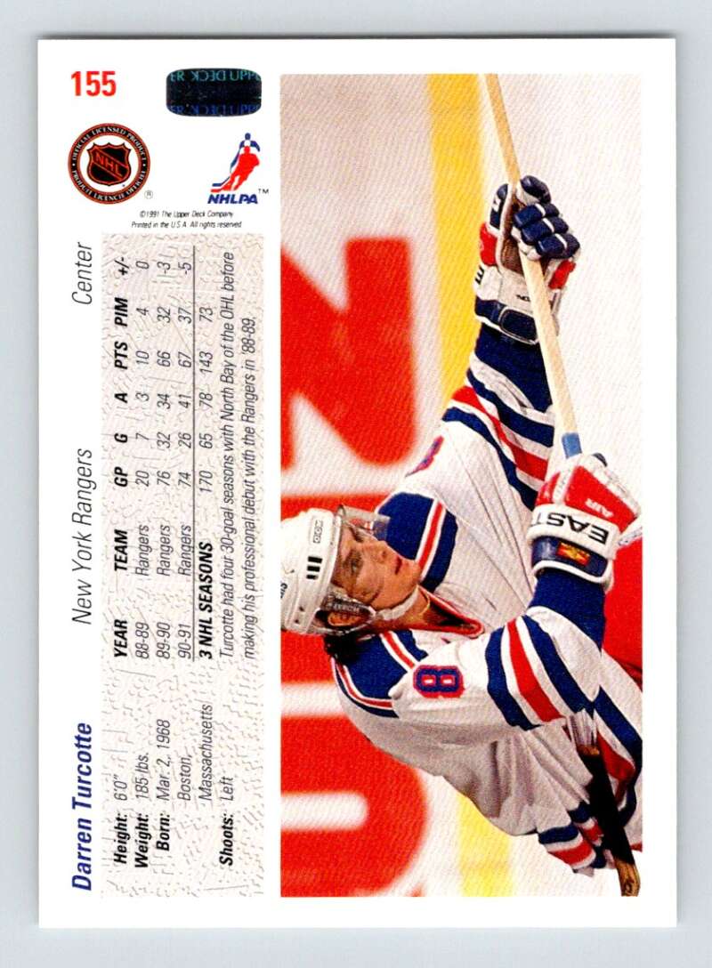 Hockey player in white New York Rangers jersey diving, featured on Darren Turcotte card