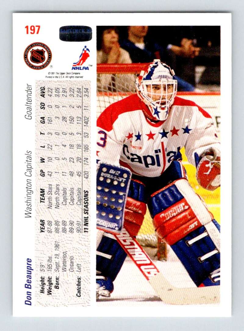 Hockey goalie Don Beaupre in Washington Capitals uniform on Upper Deck trading card