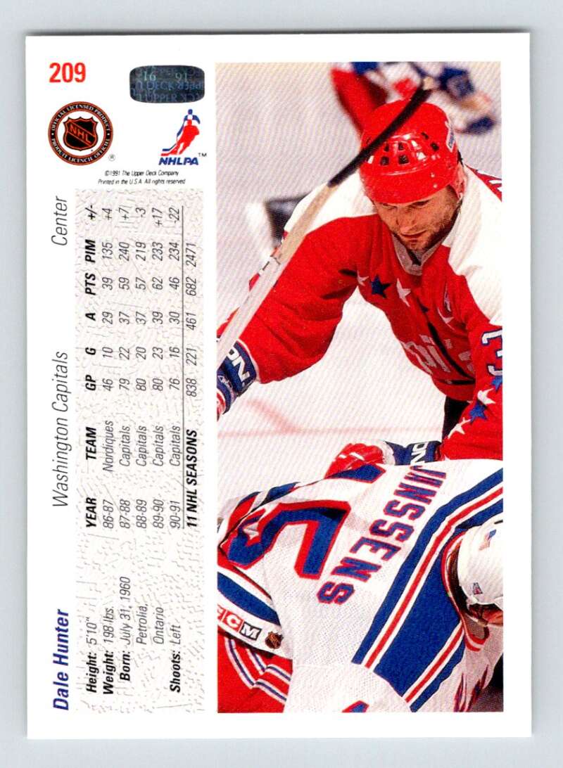 Dale Hunter in a red Washington Capitals jersey on a 1991-92 Upper Deck hockey card