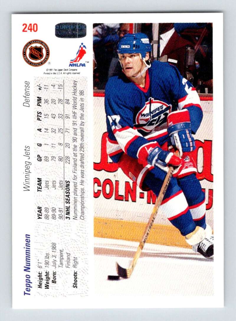 1991-92 Upper Deck #240 Teppo Numminen NM-MT Winnipeg Jets Hockey Card Image 2