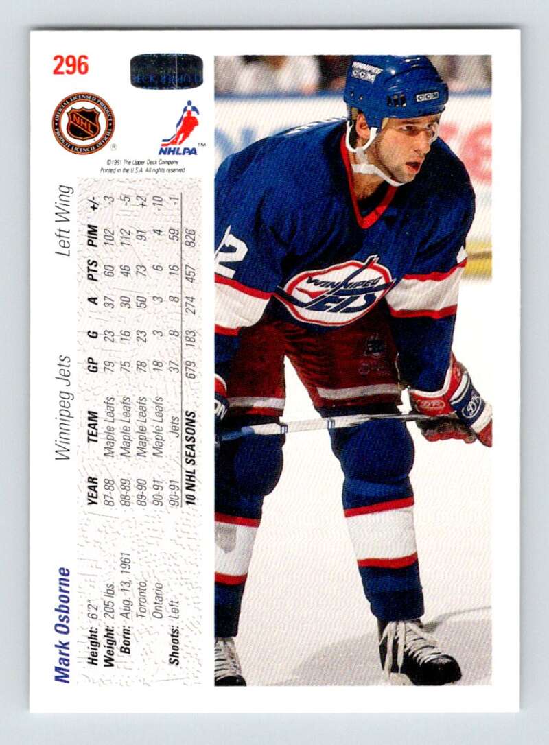 1991-92 Upper Deck #296 Mark Osborne NM-MT Winnipeg Jets Hockey Card Image 2