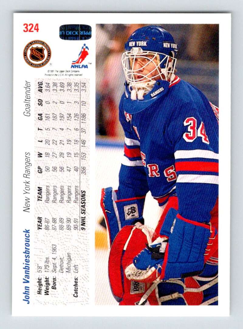 Hockey trading card of John Vanbiesbrouck, New York Rangers goalie in Upper Deck set