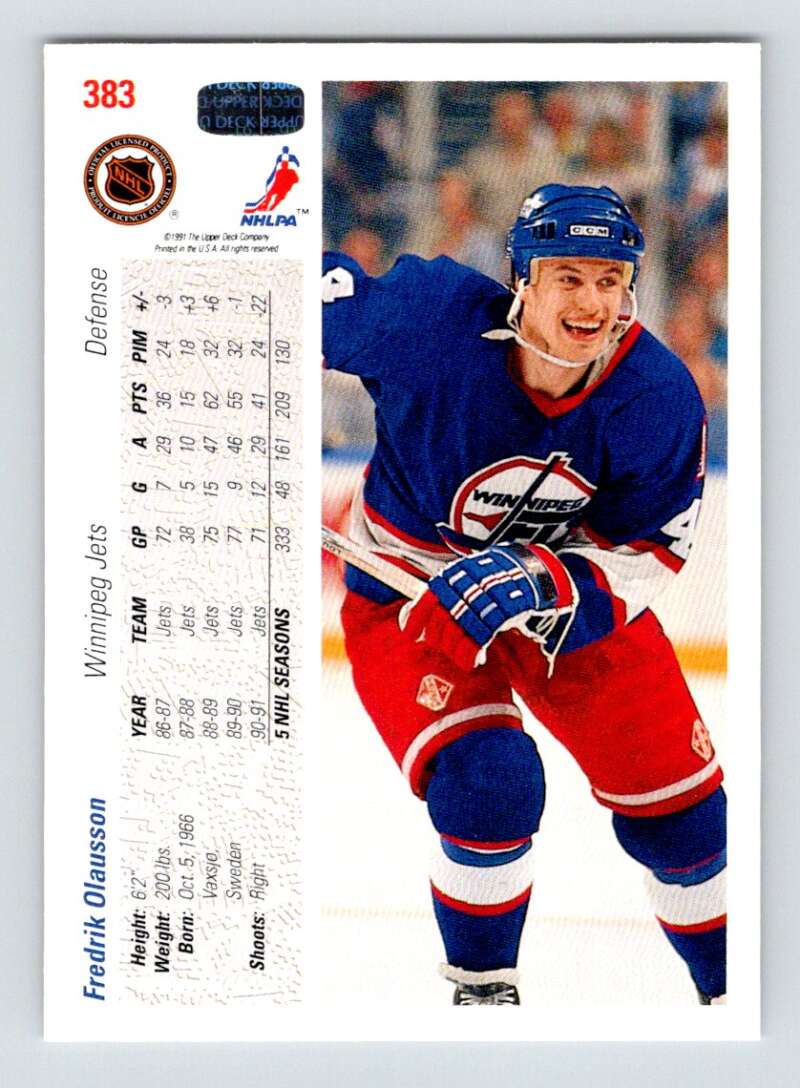 1991-92 Upper Deck #383 Fredrik Olausson NM-MT Winnipeg Jets Hockey Card Image 2