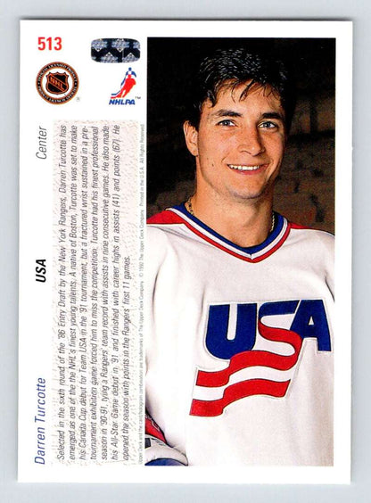 Hockey card of Darren Turcotte in white USA jersey from Upper Deck 1991-92 set