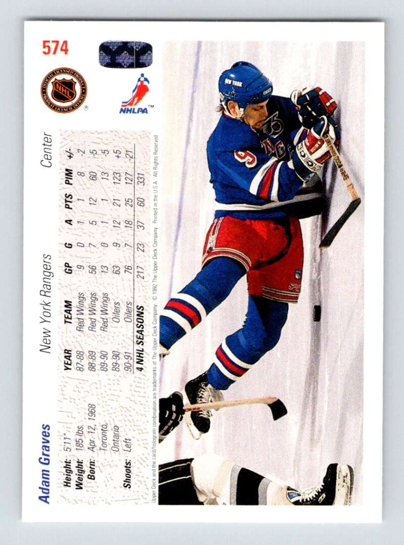 Hockey player Adam Graves in New York Rangers uniform skating on ice for Upper Deck card