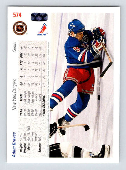 Hockey player Adam Graves in New York Rangers uniform skating on ice for Upper Deck card