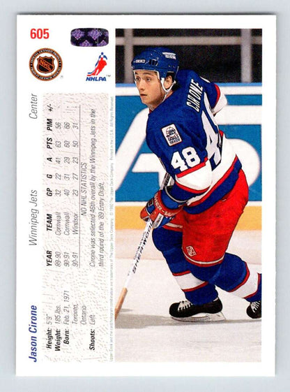 1991-92 Upper Deck #605 Jason Cirone NM-MT RC Rookie Winnipeg Jets Hockey Card Image 2