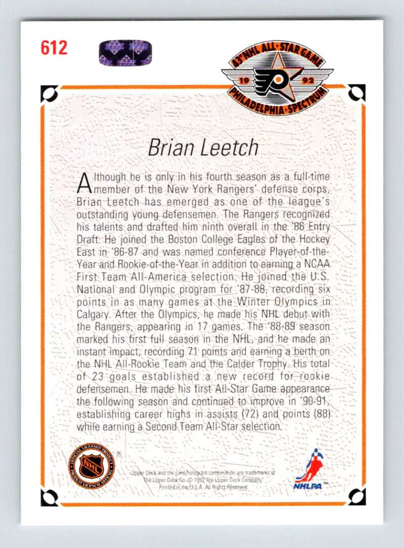 Hockey card featuring Brian Leetch with orange border from Upper Deck 1991-92