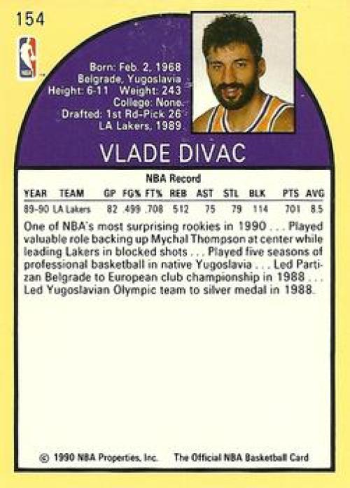 Vintage 1990 NBA trading card of Vlade Divac, Los Angeles Lakers in purple and gold