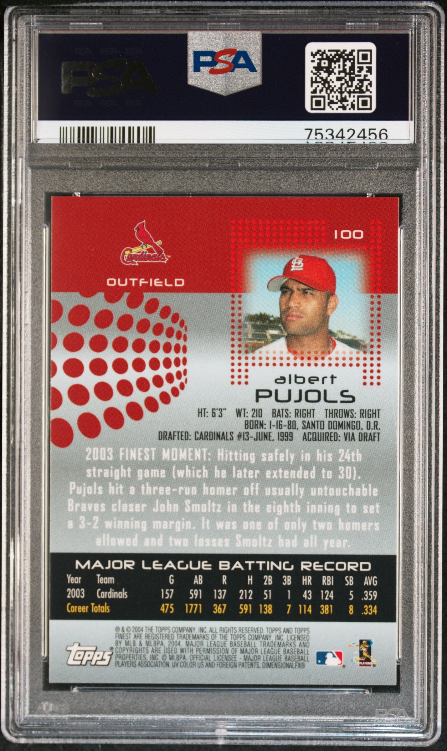 ALBERT PUJOLS 2004 Topps Finest #100 PSA 10 GEM MNT - CARDINALS