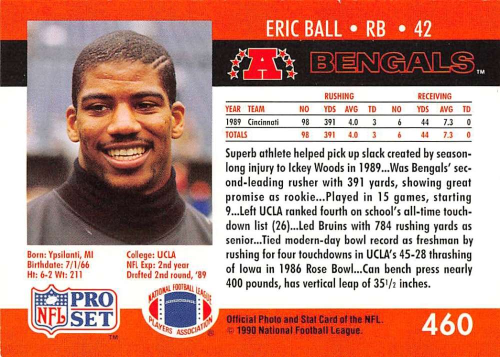 NFL Pro Set Eric Ball Football Card featuring Cincinnati Bengals running back from 1990