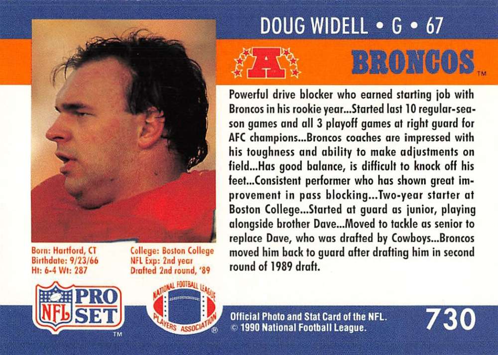 Football trading card of Doug Widell, Rookie Denver Broncos Offensive Guard 67