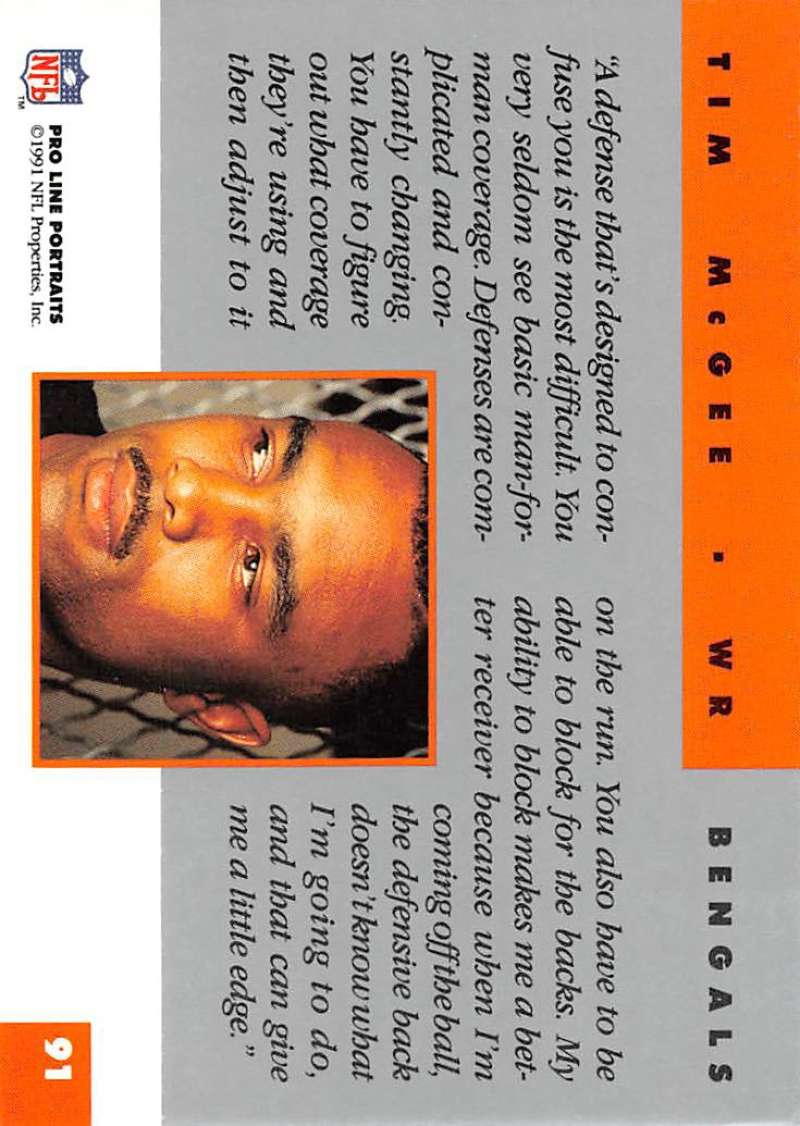 Tim McGee 1991 Pro Line Portraits football card in orange and gray color scheme