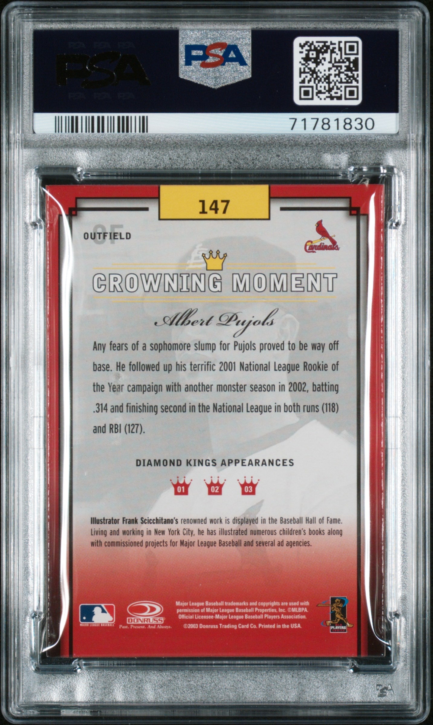 ALBERT PUJOLS 2003 Donruss Diamond Kings #147 Framed Portrait Bronze PSA 10 GEM