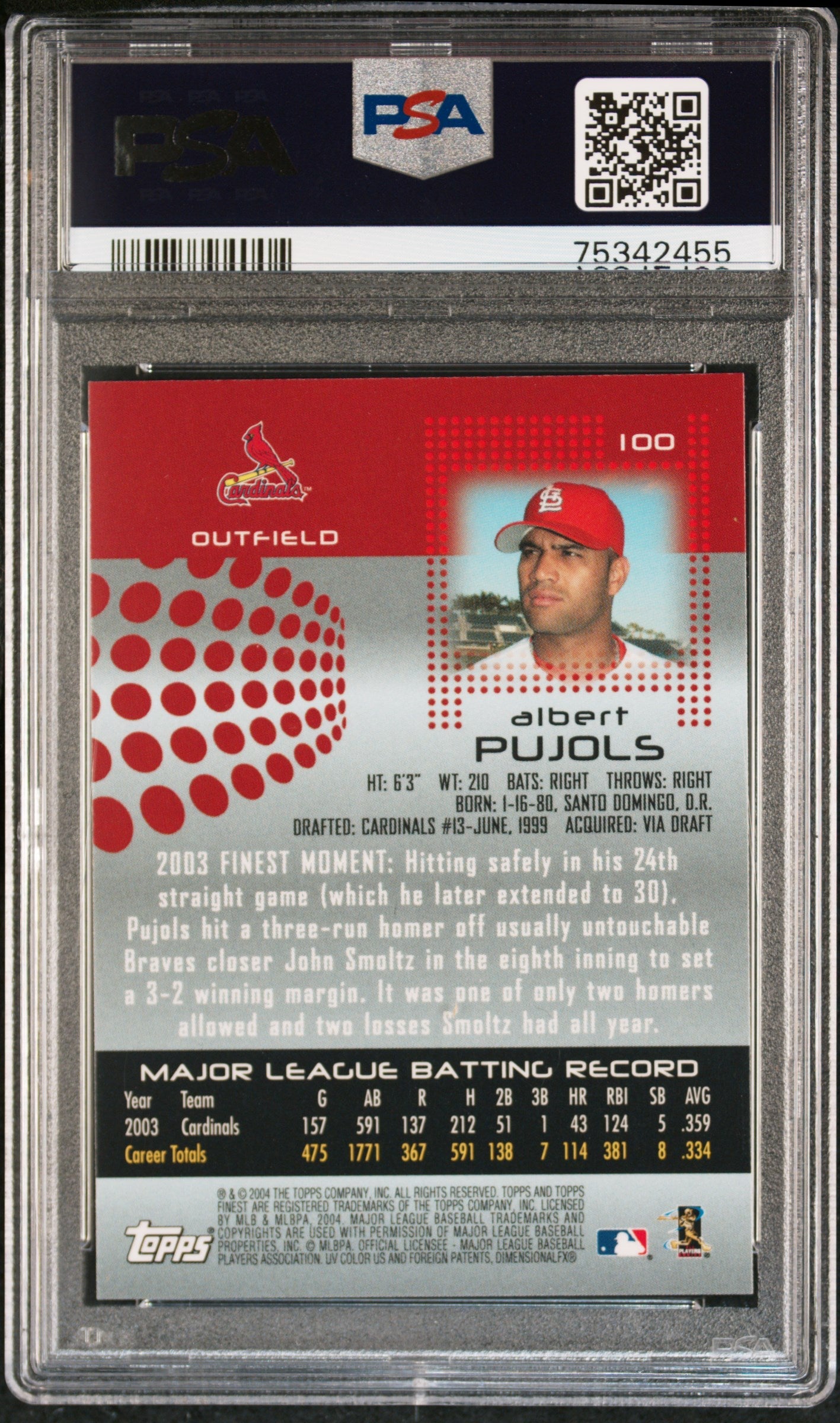 ALBERT PUJOLS 2004 Topps Finest #100 PSA 10 GEM MNT - CARDINALS