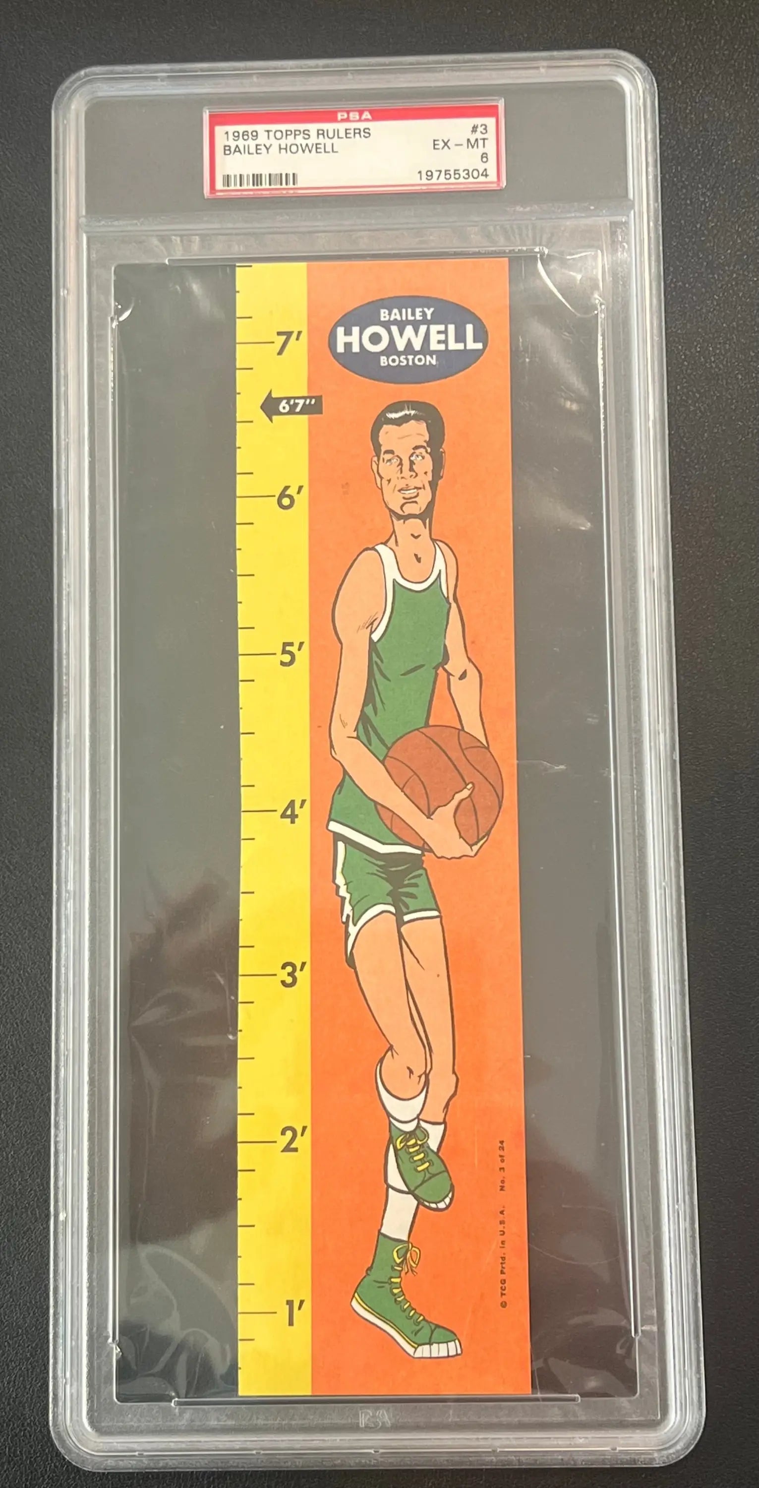 Vintage Bailey Howell 1969 Topps Rulers card as a height ruler in orange and yellow