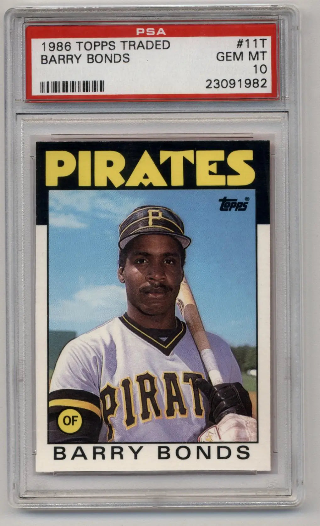 PSA-graded 1986 Topps Traded Barry Bonds 11T XRC baseball card in protective case