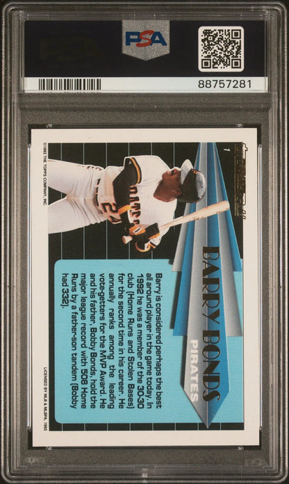 PSA-graded Barry Bonds 1993 Topps Black Gold #1 card in protective case with QR code