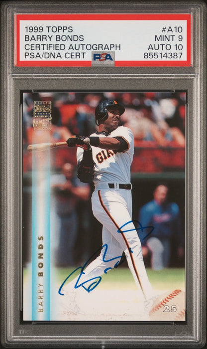 PSA-graded Barry Bonds 1999 Topps Autograph #A10 with action shot at bat