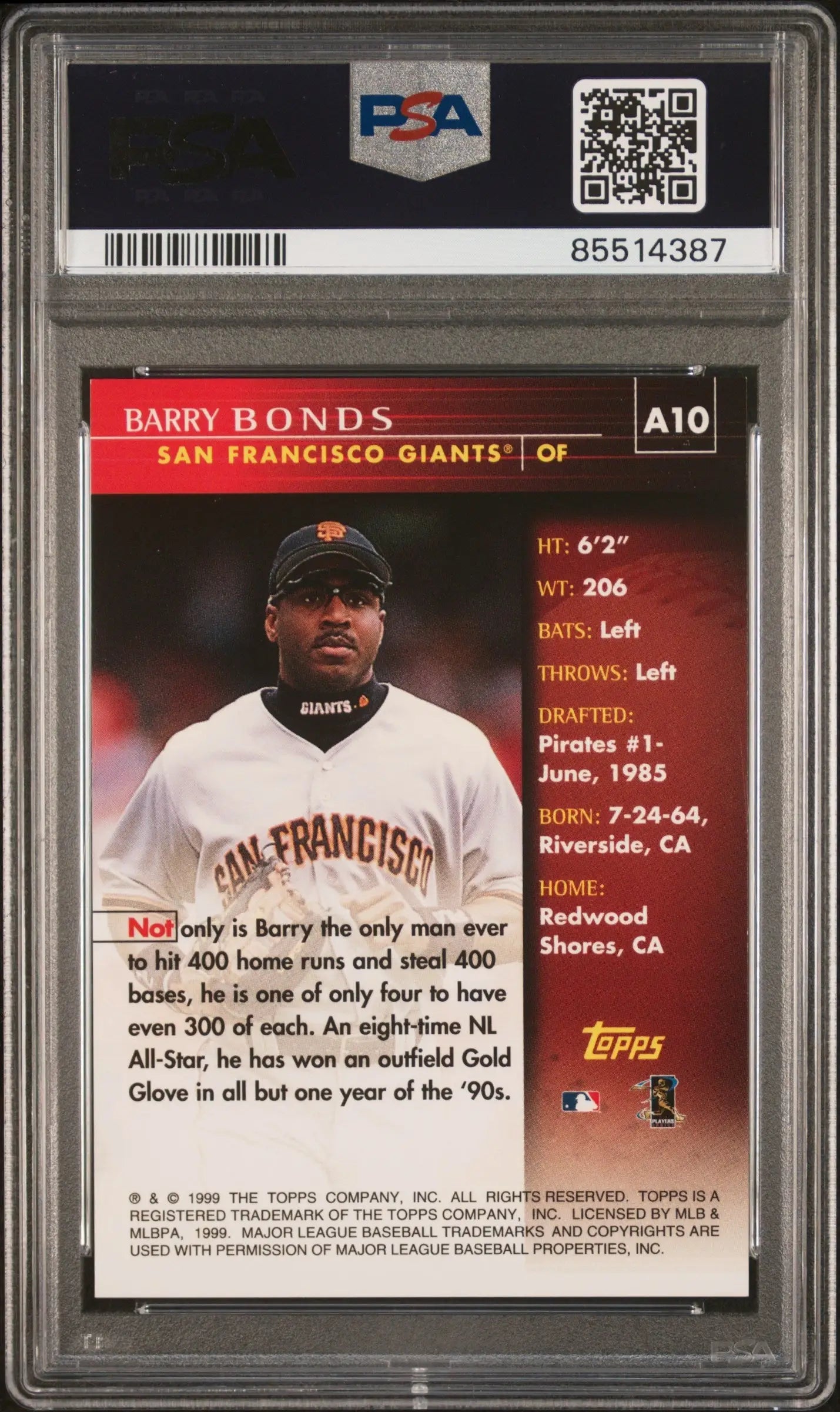 Barry Bonds 1999 Topps Autograph A10 PSA 9 Auto 10 baseball card wearing home jersey