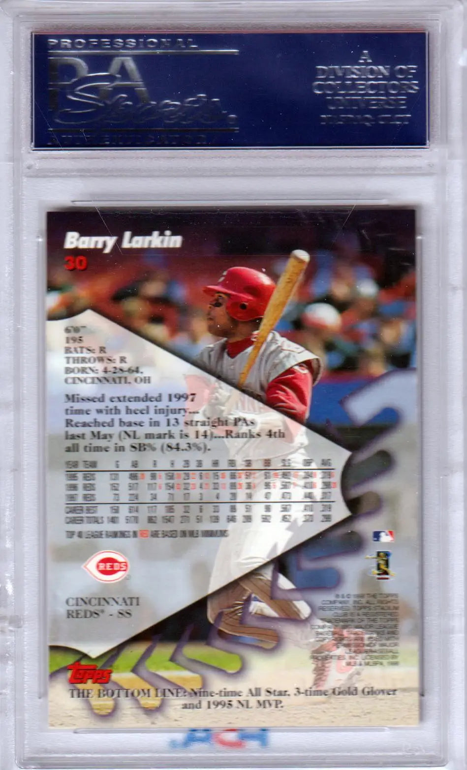 Barry Larkin 1998 Topps Stadium Club baseball card in a protective case for Columbia Hobby