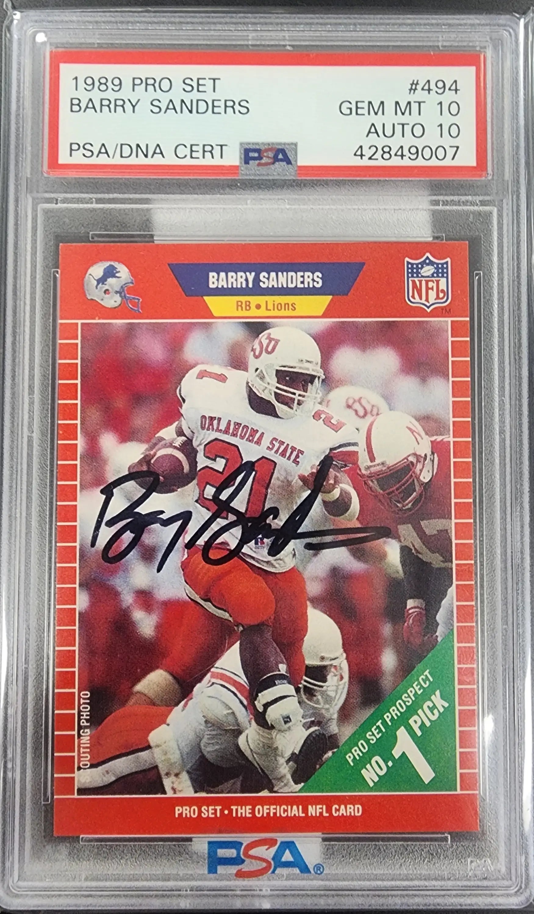 Barry Sanders 1989 Pro Set #494 PSA 10 Auto 10 trading card in red and white uniform