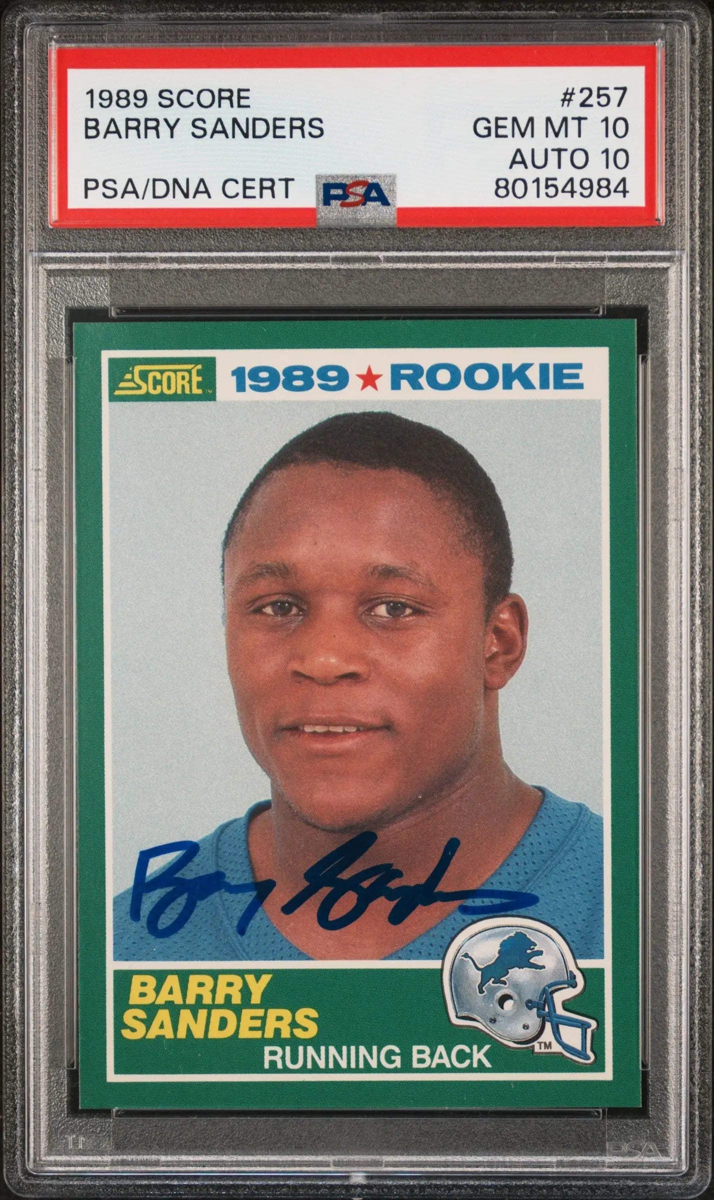 PSA-graded 1989 Score Barry Sanders rookie football card with autograph in blue jersey